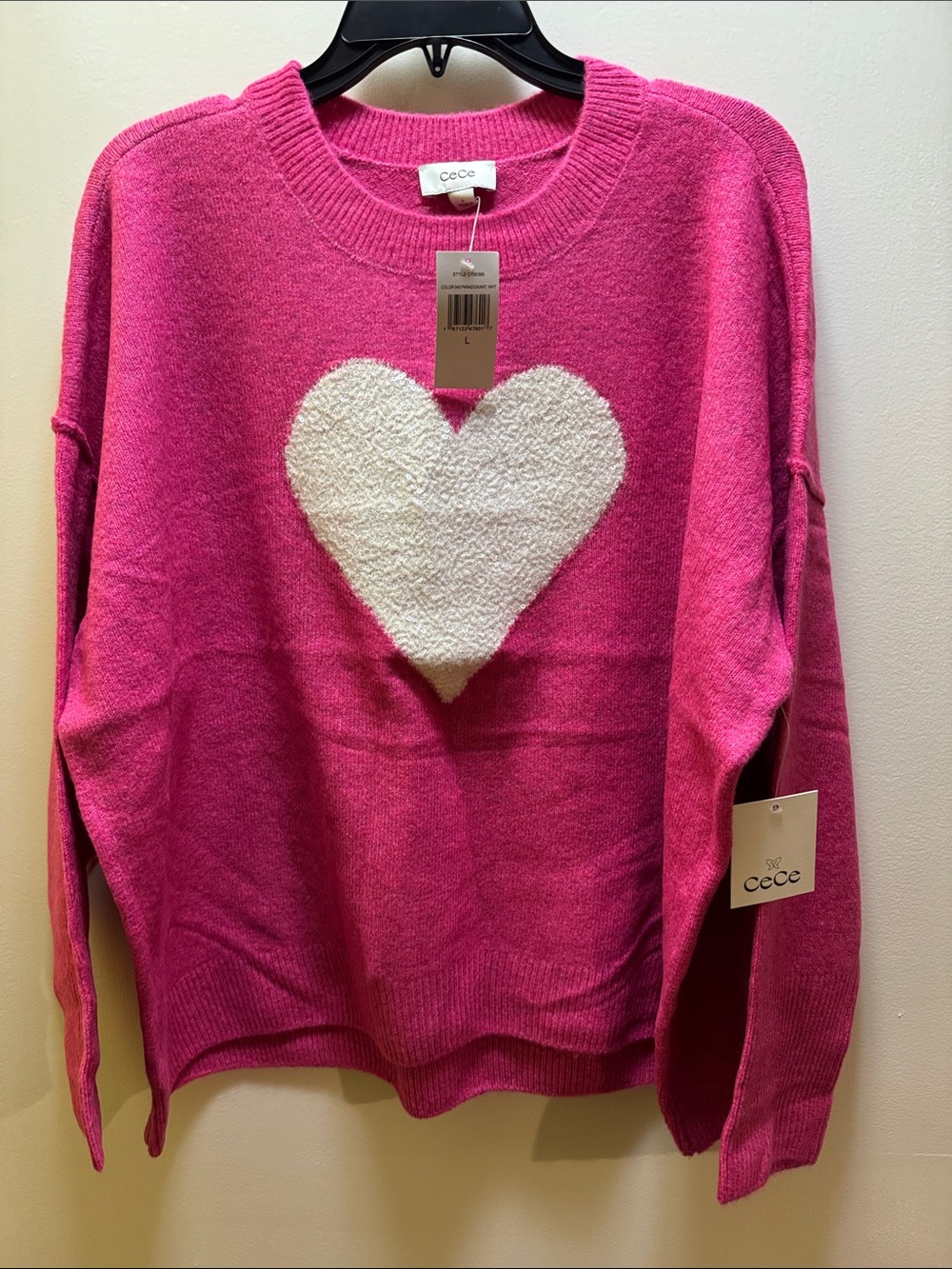 CeCe Hot Pink Crewneck Sweater with Cream Heart
